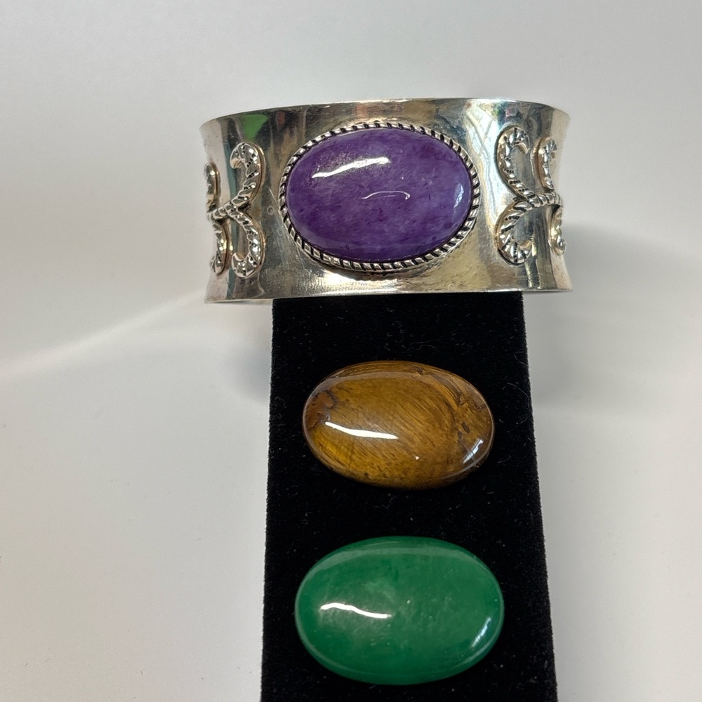 Sterling Silver Interchangeable Stone Cuff Bracelet 925 w 3 Cabochons